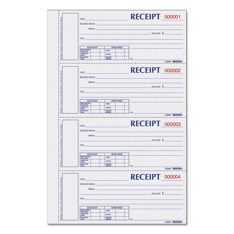 Blueline Rediform Money Receipt Book, Hardbound, 2 x 6.875 inches, 4 per Page, 200 Triplicates (S1657NCL)